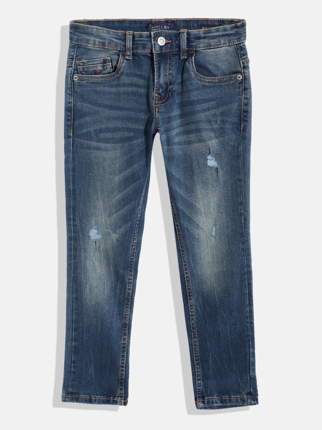 

Indian Terrain Boys Mid-Rise Mildly Distressed Light Fade Stretchable Jeans, Blue