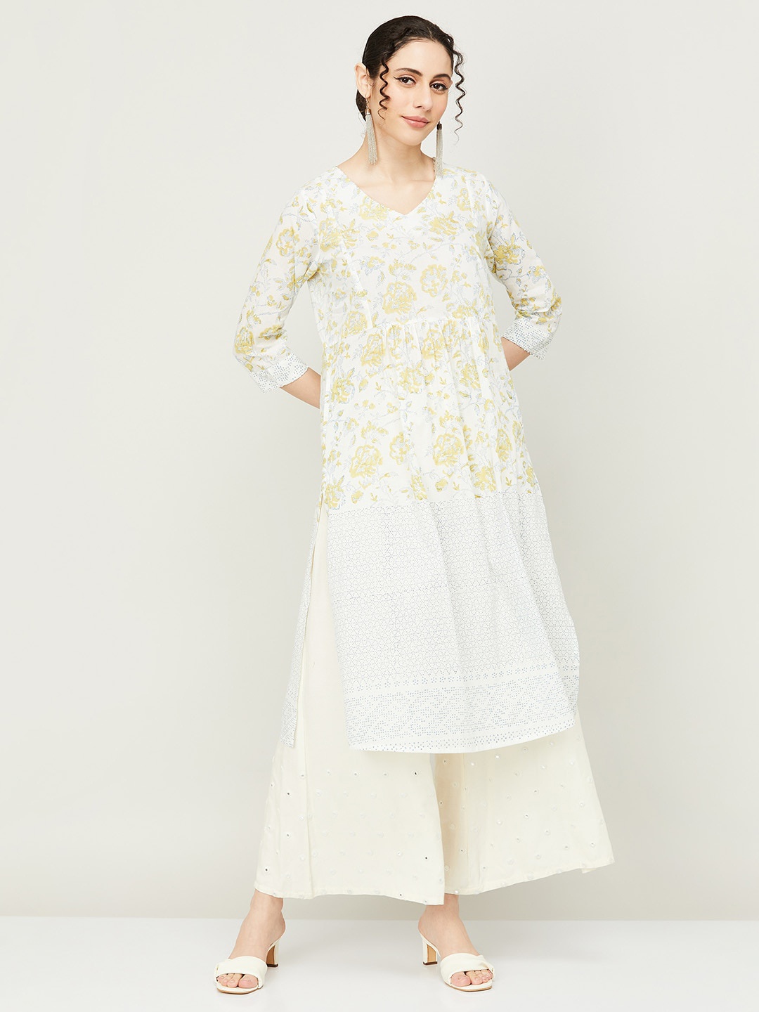 

Melange by Lifestyle Floral Printed Pure Cotton Kurta, Cream