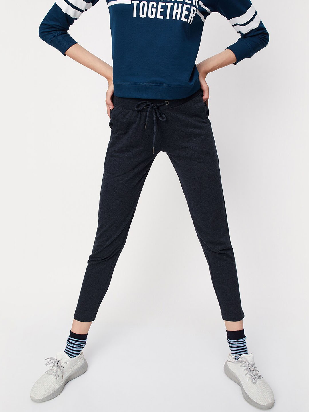 

max Women Mid-Rise Cotton Sports Track Pants, Navy blue