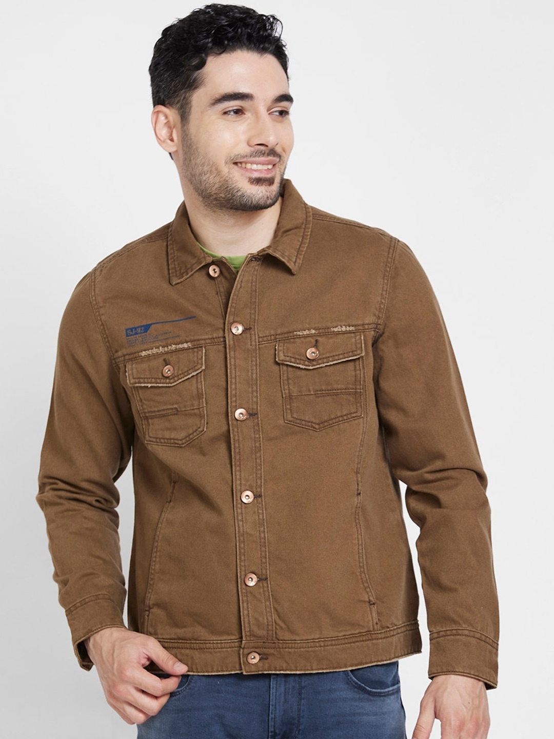 

SPYKAR Spread Collar Denim Jacket, Brown