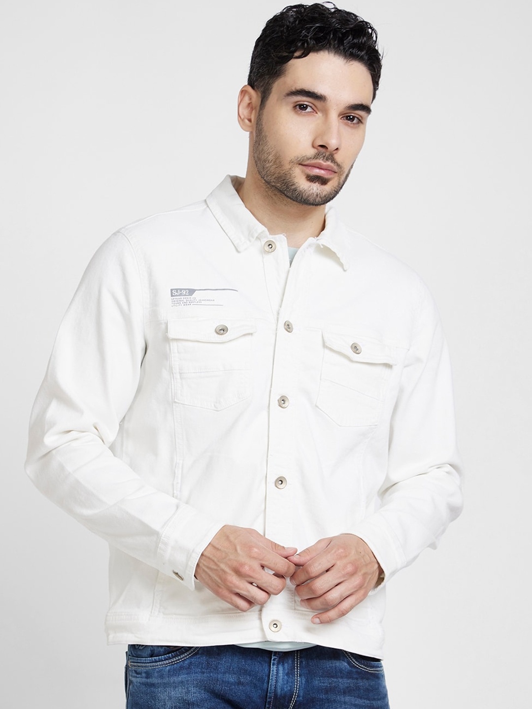 

SPYKAR Spread Collar Denim Jacket, White