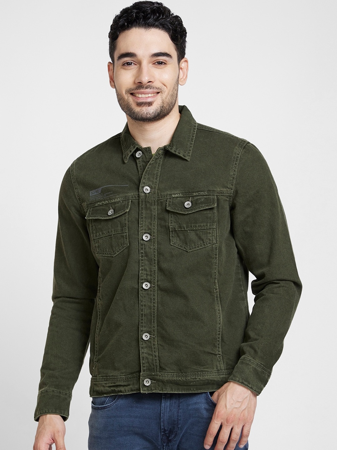 

SPYKAR Spread Collar Denim Jacket, Green