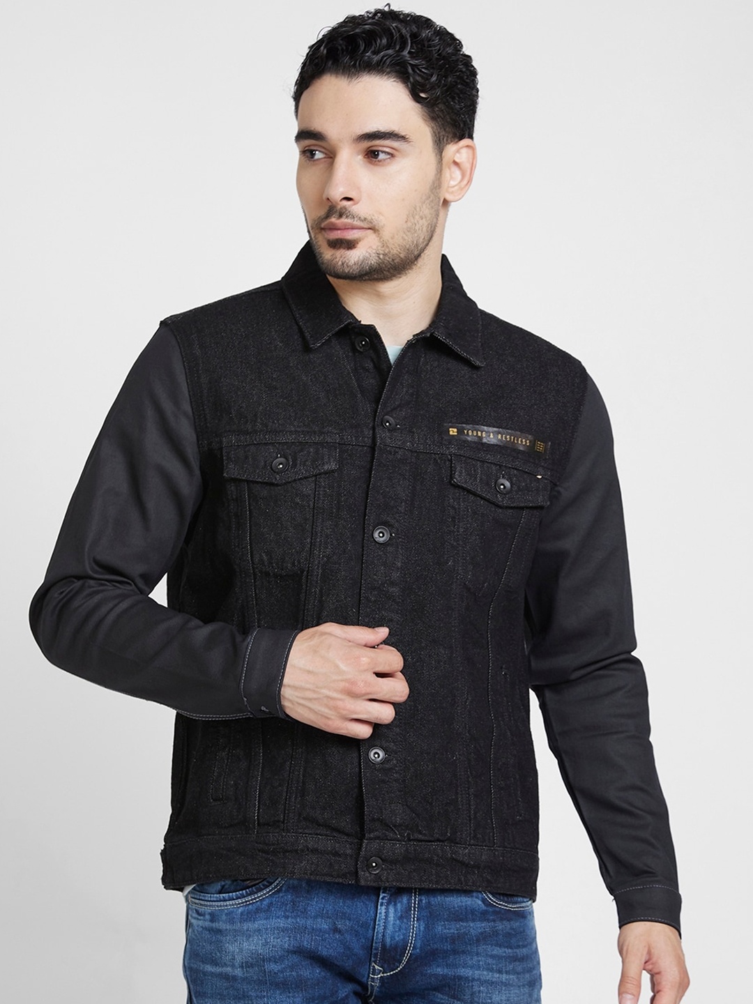 

SPYKAR Spread Collar Denim Jacket, Black