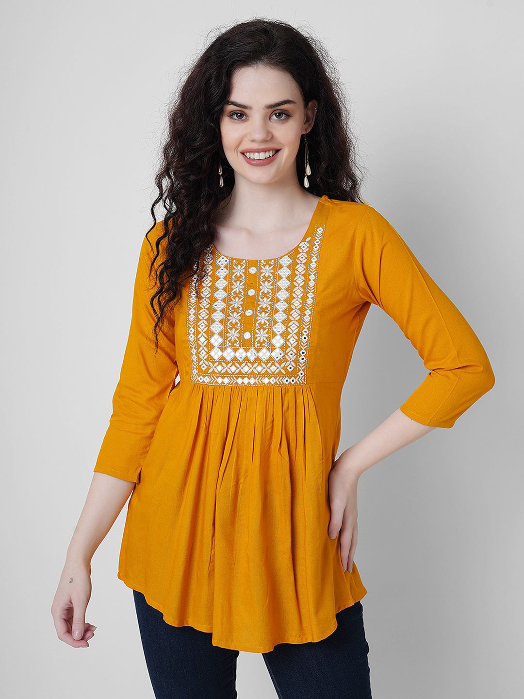 

KALINI Embroidered Round Neck Gathered & Pleated Top, Mustard