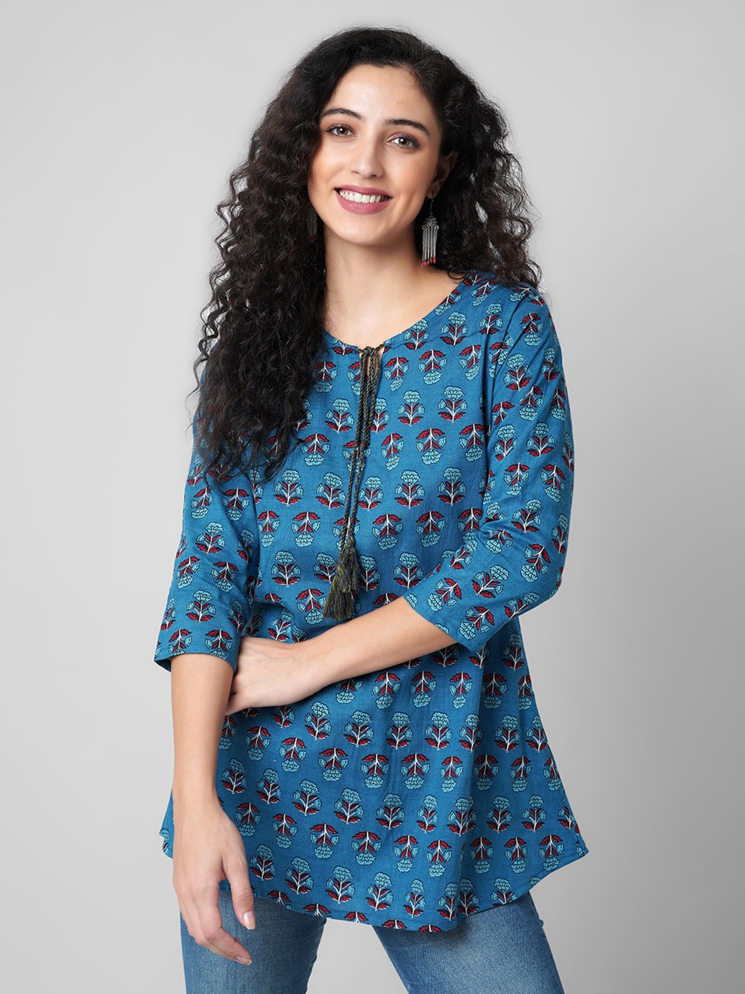 

KALINI Floral Printed Tie-Up Neck Top, Blue