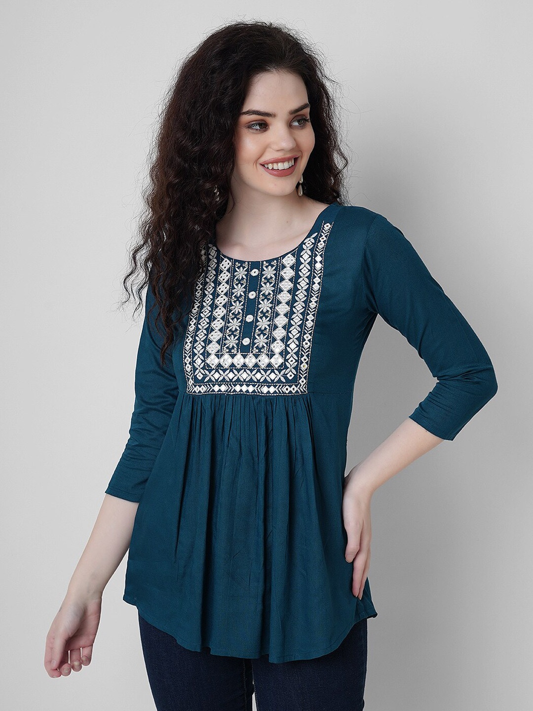 

KALINI Floral Embroidered Empire Top, Teal