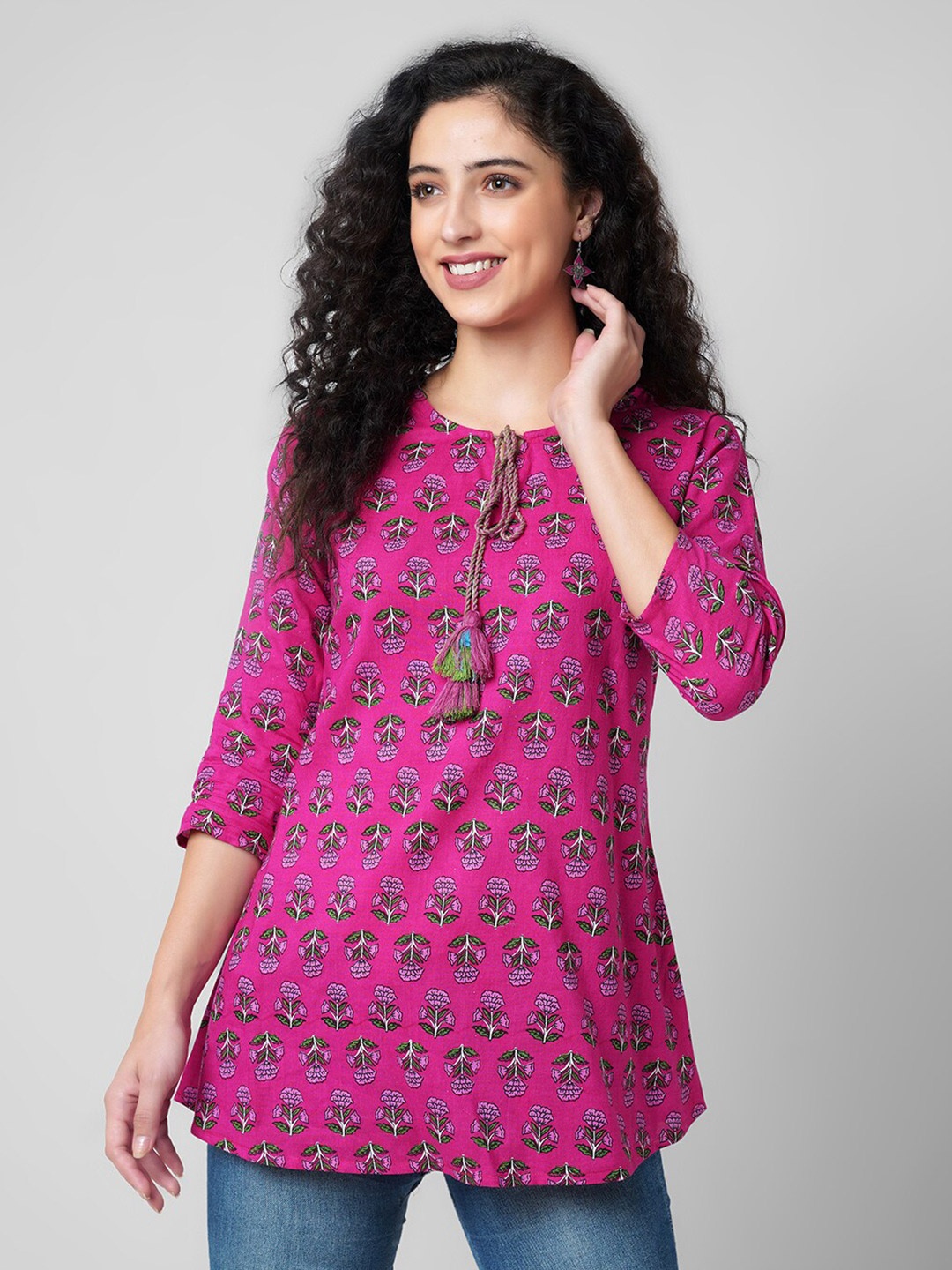 

KALINI Floral Printed Tie-Up Neck Tunics Top, Pink