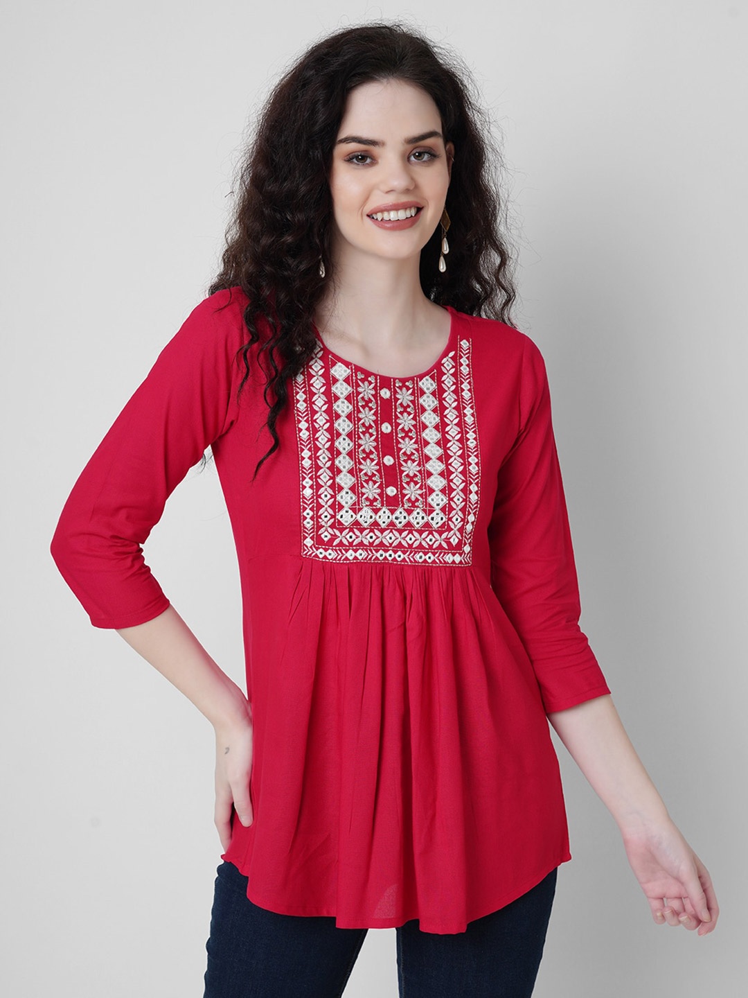 

KALINI Geometric Embroideried Tunics Top, Red