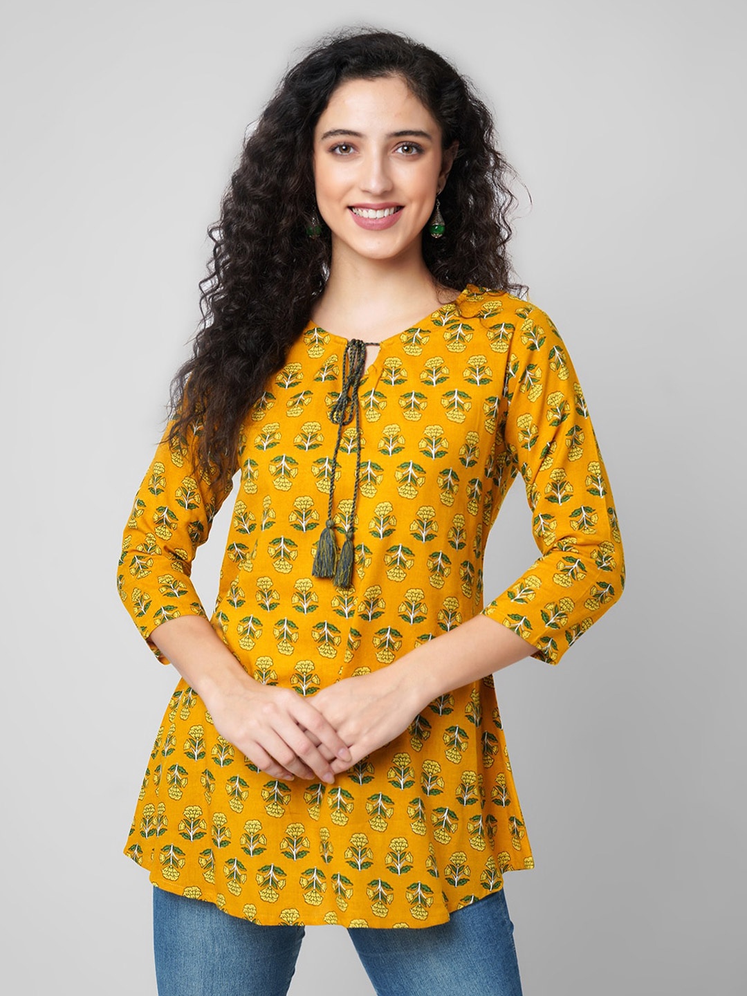 

KALINI Floral Printed Tie-Up Neck Tunics Top, Mustard