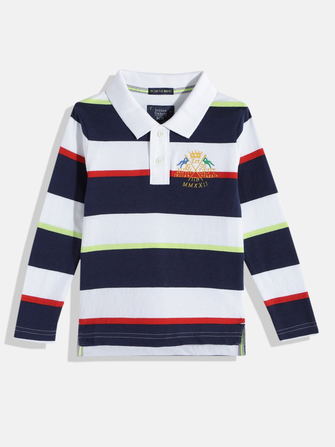 

Indian Terrain Boys Striped Polo Collar Pure Cotton T-shirt, White