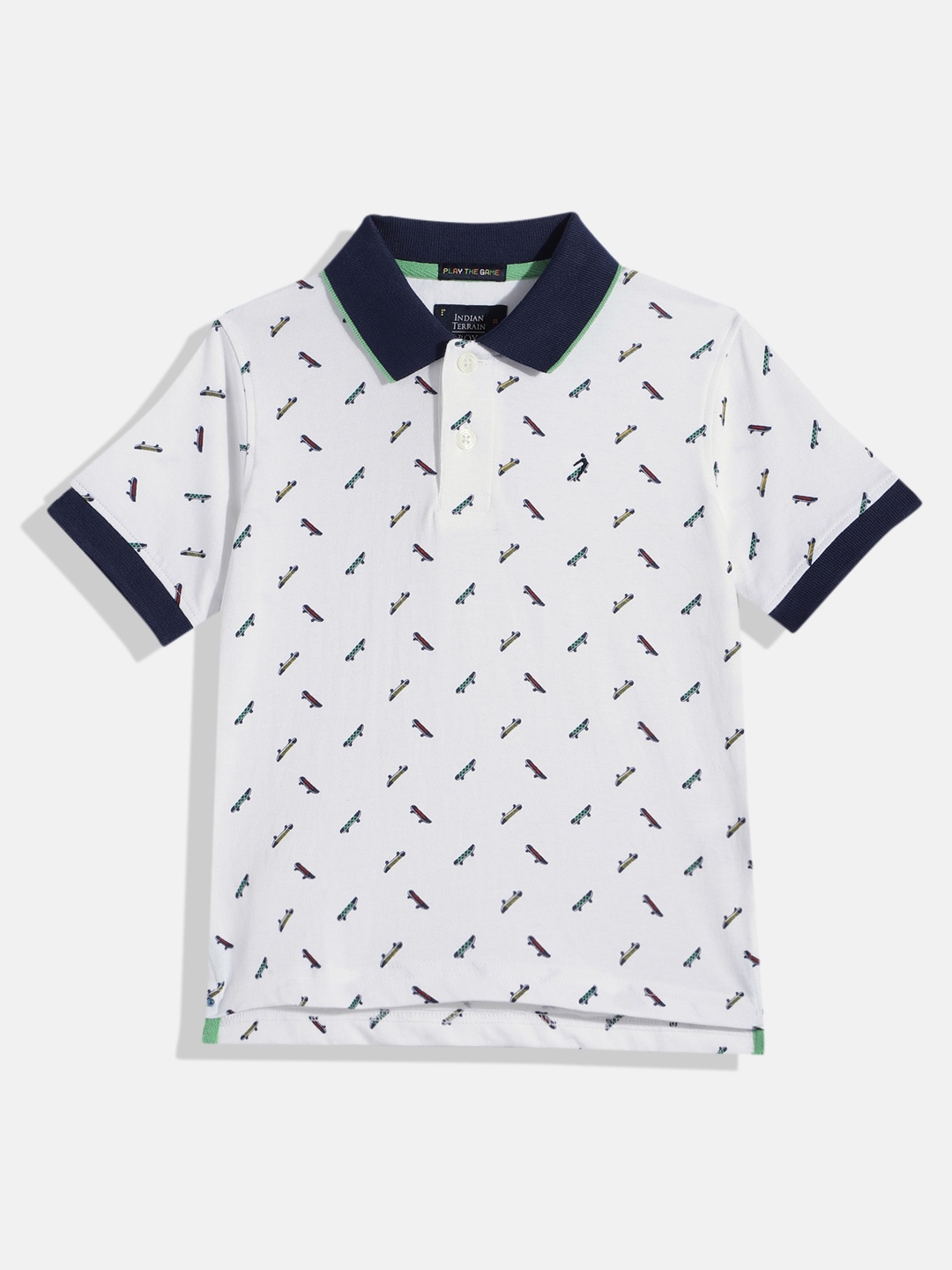 

Indian Terrain Boys Printed Pure Cotton Polo Collar T-shirt, White