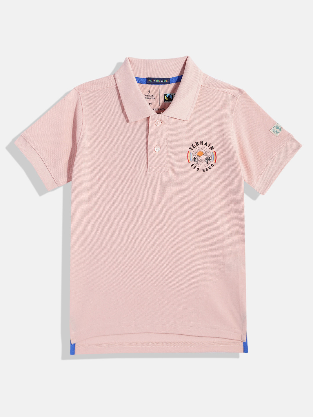

Indian Terrain Boys Minimal Typography Printed Polo Collar Pure Cotton T-shirt, Pink