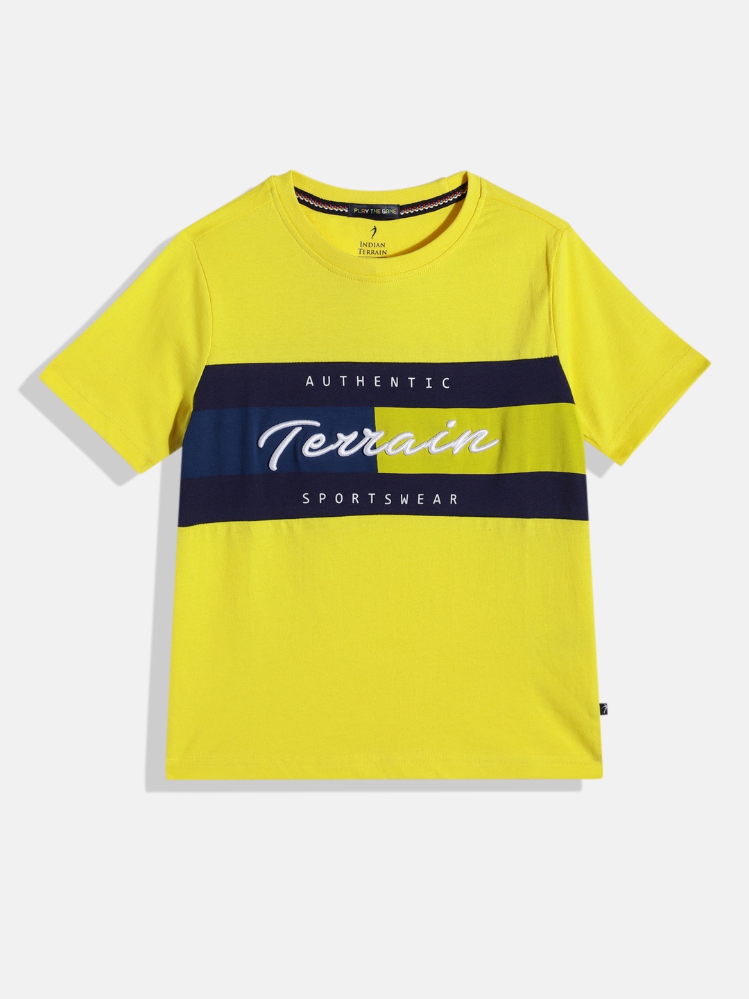 

Indian Terrain Boys Brand Logo Embroidery Pure Cotton T-shirt, Yellow