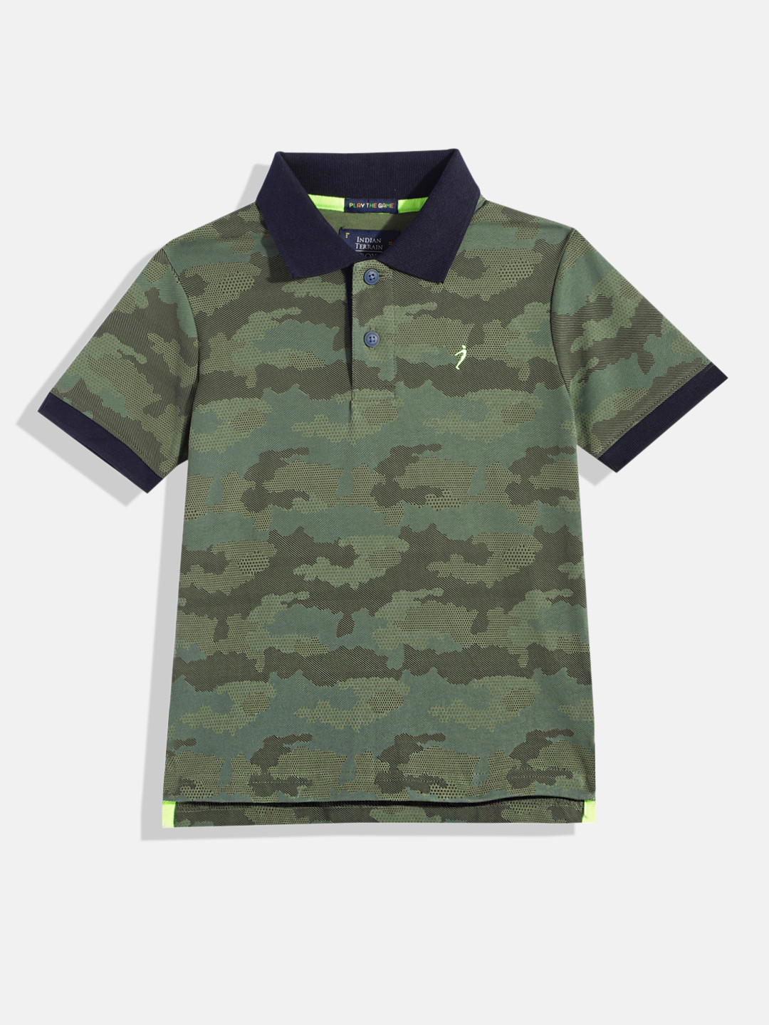 

Indian Terrain Boys Camouflage Printed Cotton Polo Collar T-shirt, Green