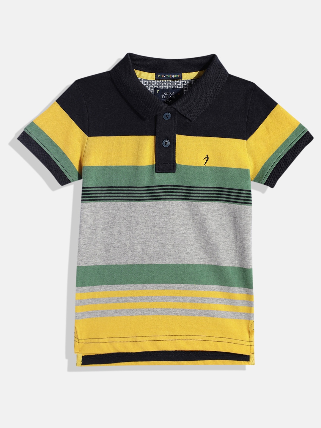 

Indian Terrain Boys Striped Polo Collar Pure Cotton T-shirt, Navy blue