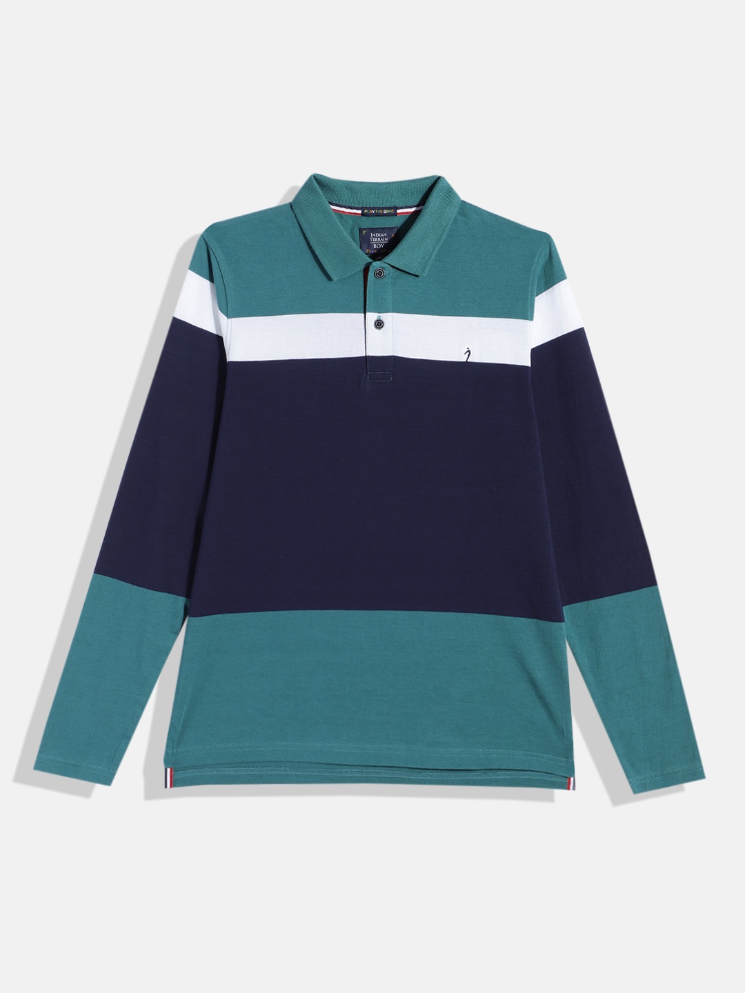 

Indian Terrain Boys Colourblocked Polo Collar Pure Cotton T-shirt, Navy blue