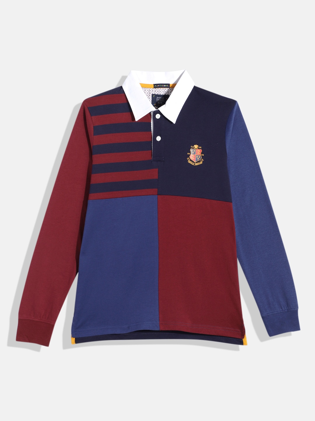 

Indian Terrain Boys Colourblocked Pure Cotton Polo Collar T-shirt, Navy blue
