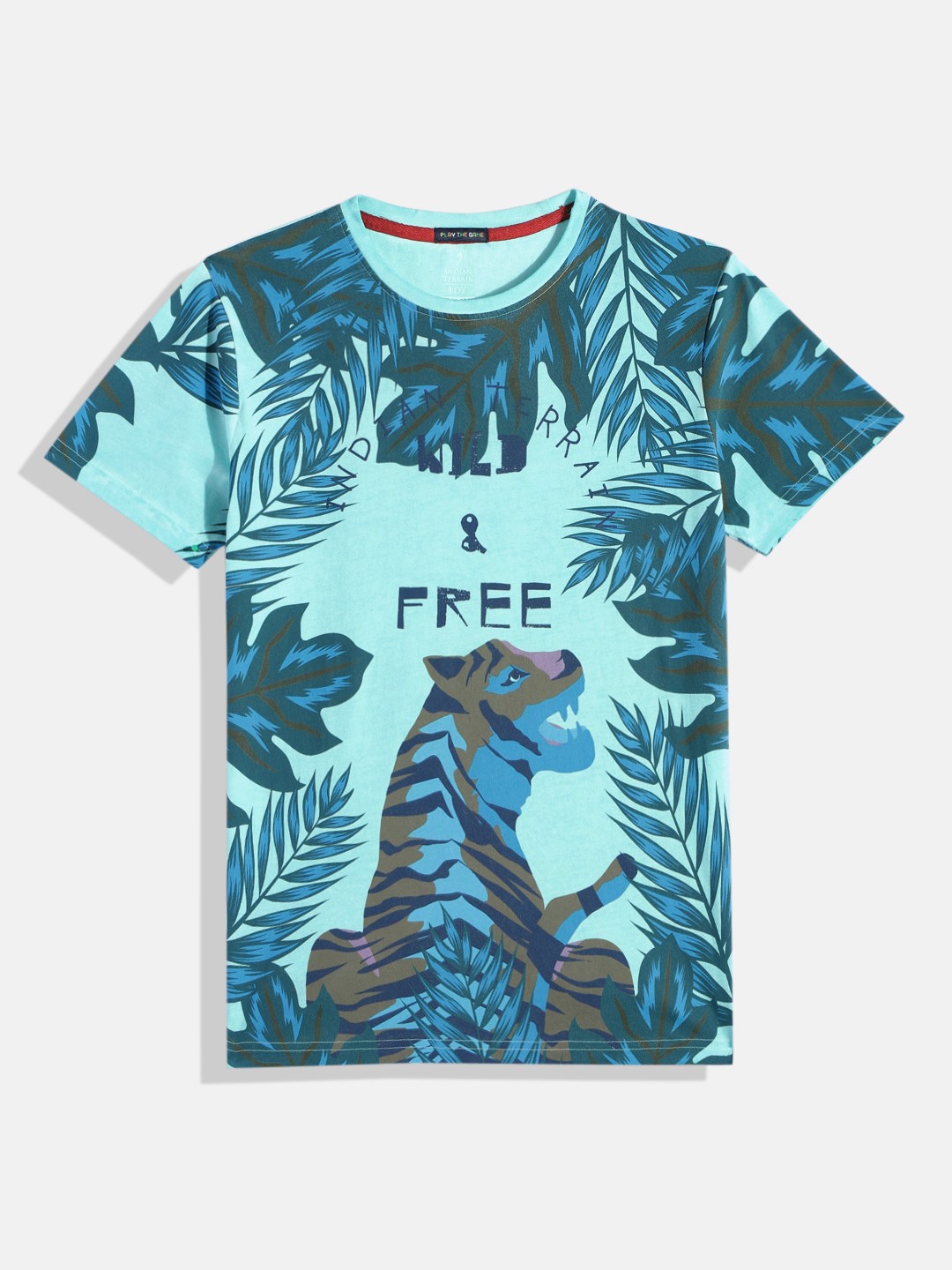 

Indian Terrain Boys Tropical Print Pure Cotton T-shirt, Turquoise blue