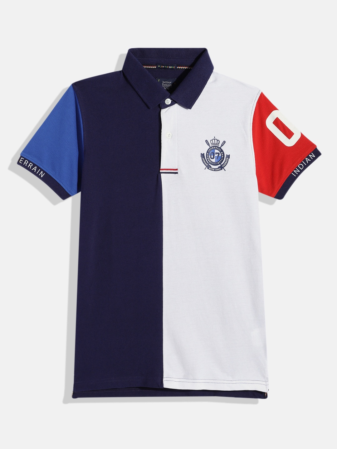 

Indian Terrain Boys Colourblocked Polo Collar Pure Cotton T-shirt, Navy blue