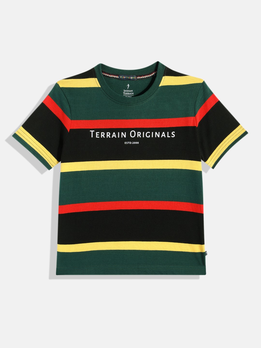 

Indian Terrain Boys Striped Pure Cotton T-shirt, Black