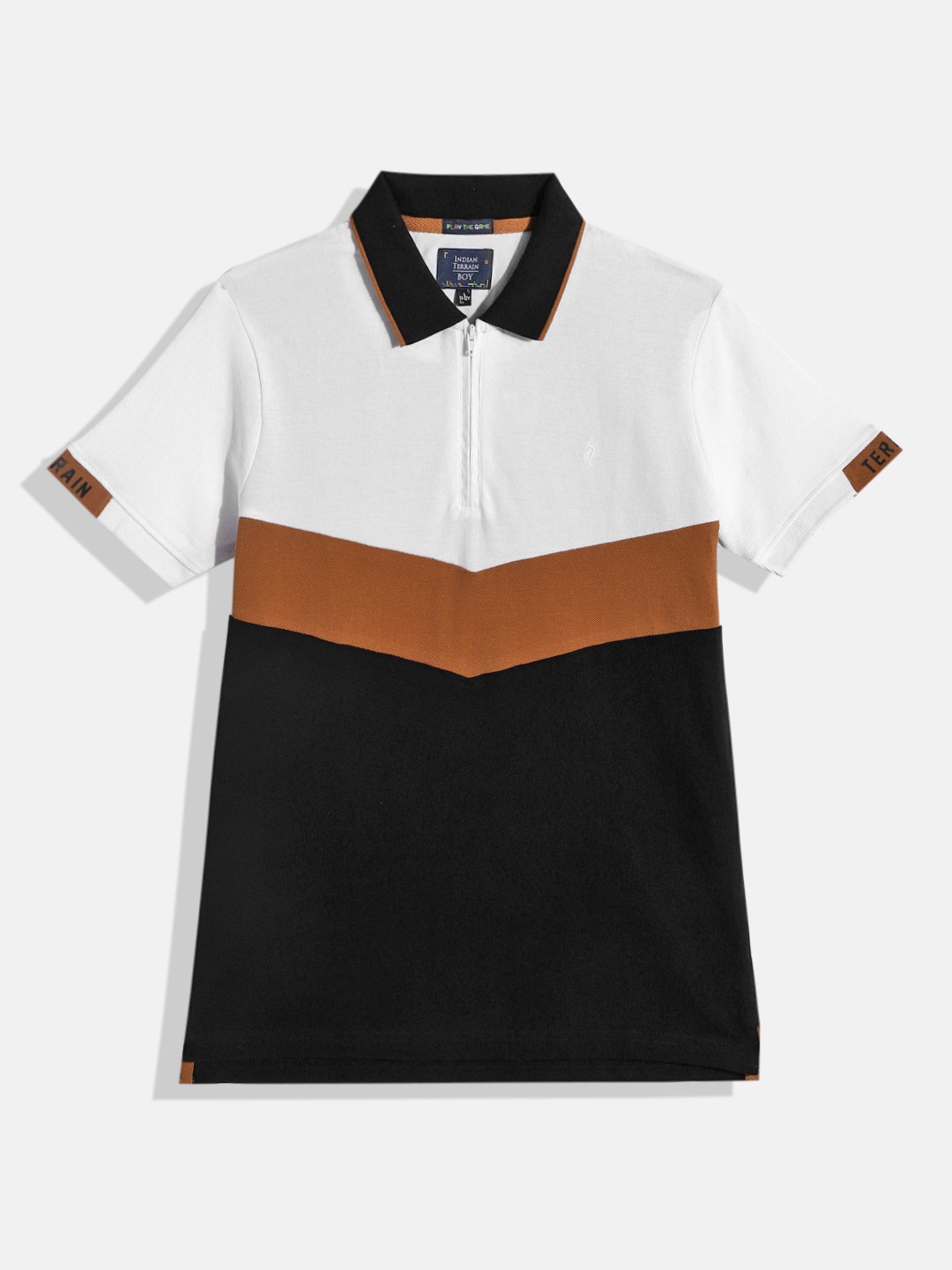 

Indian Terrain Boys Colourblocked Polo Collar Pure Cotton T-shirt, Black