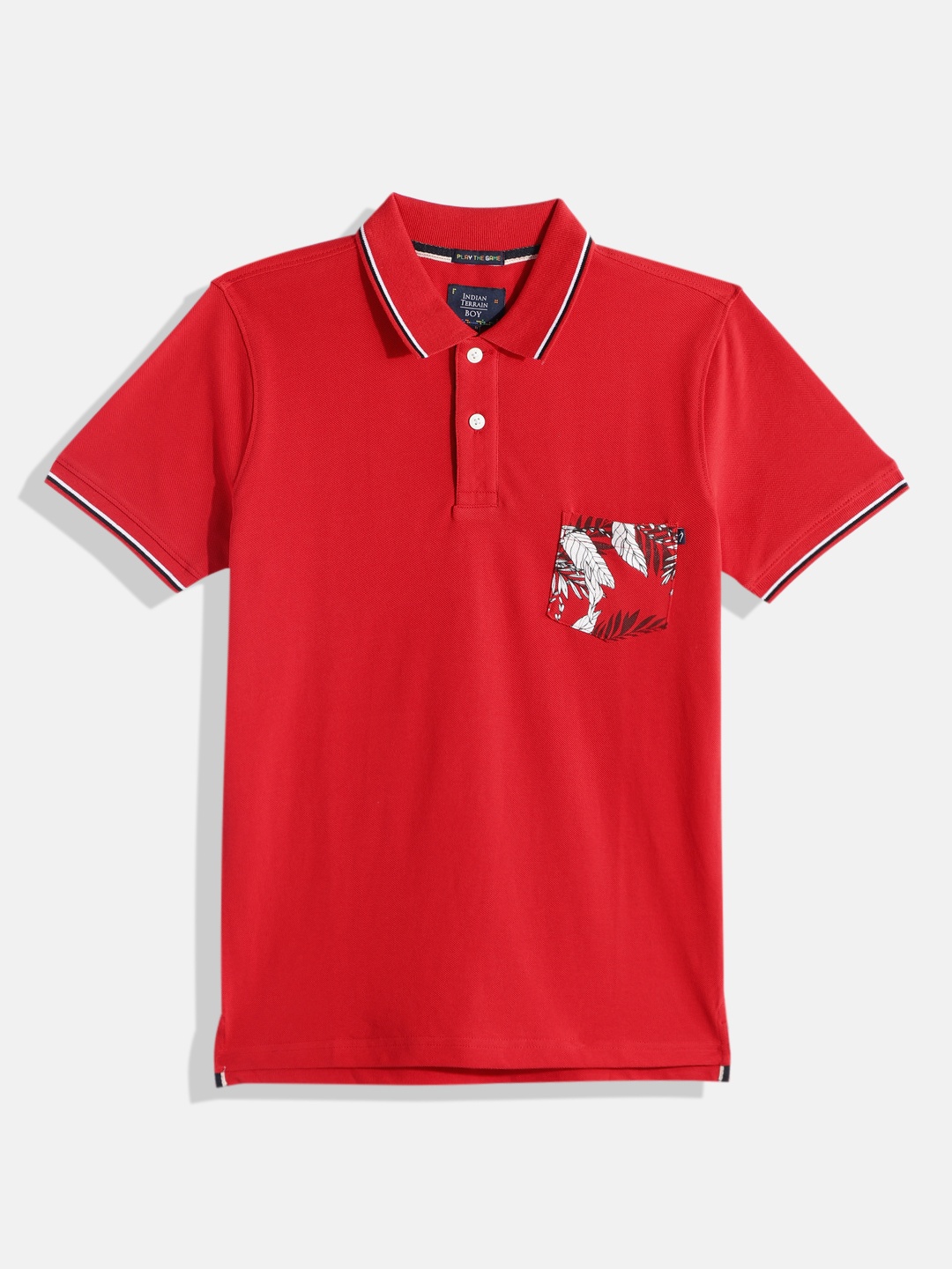 

Indian Terrain Boys Leaves & Typography Printed Polo Collar Pure Cotton T-shirt, Red