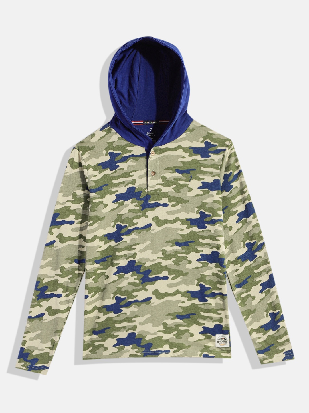 

Indian Terrain Boys Camouflage Printed Hooded Pure Cotton T-shirt, Olive
