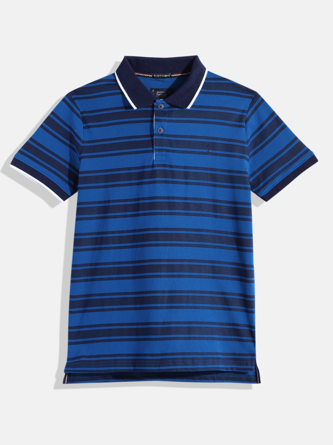 

Indian Terrain Boys Striped Pure Cotton Polo Collar T-shirt, Blue