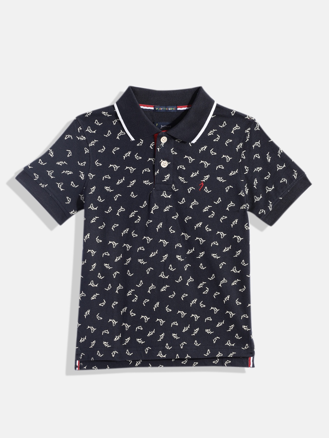 

Indian Terrain Boys Printed Polo Collar Pure Cotton T-shirt, Navy blue