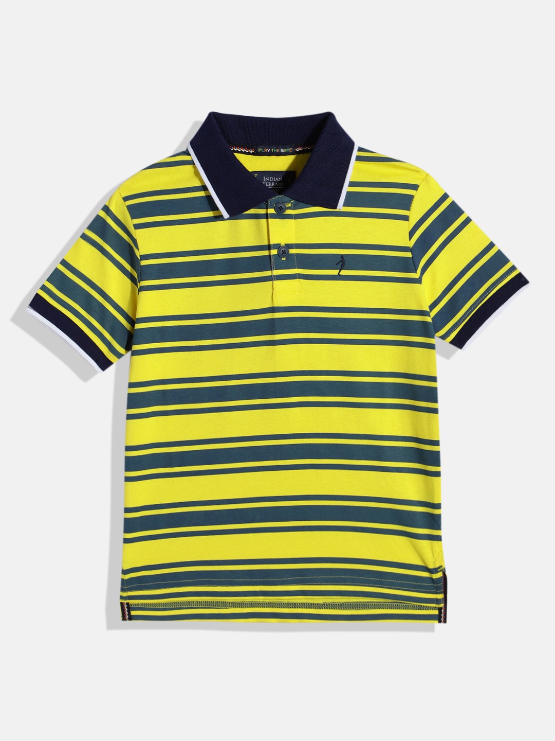 

Indian Terrain Boys Striped Polo Collar Pure Cotton T-shirt, Yellow