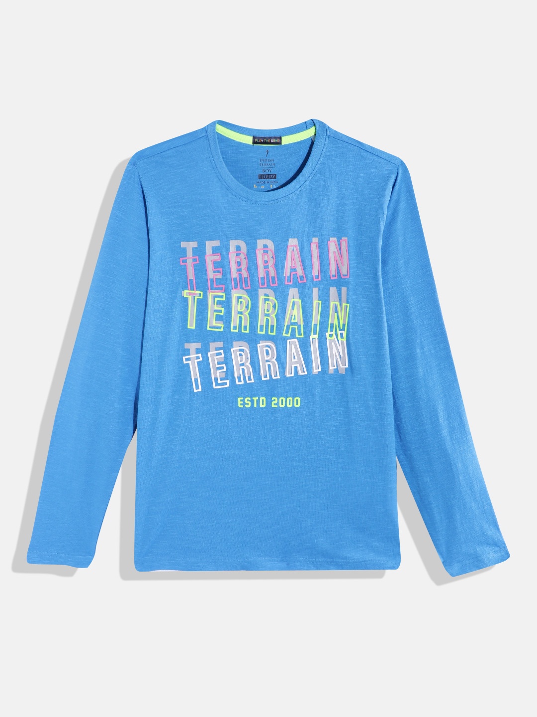 

Indian Terrain Boys Brand Logo Printed Pure Cotton T-shirt, Blue