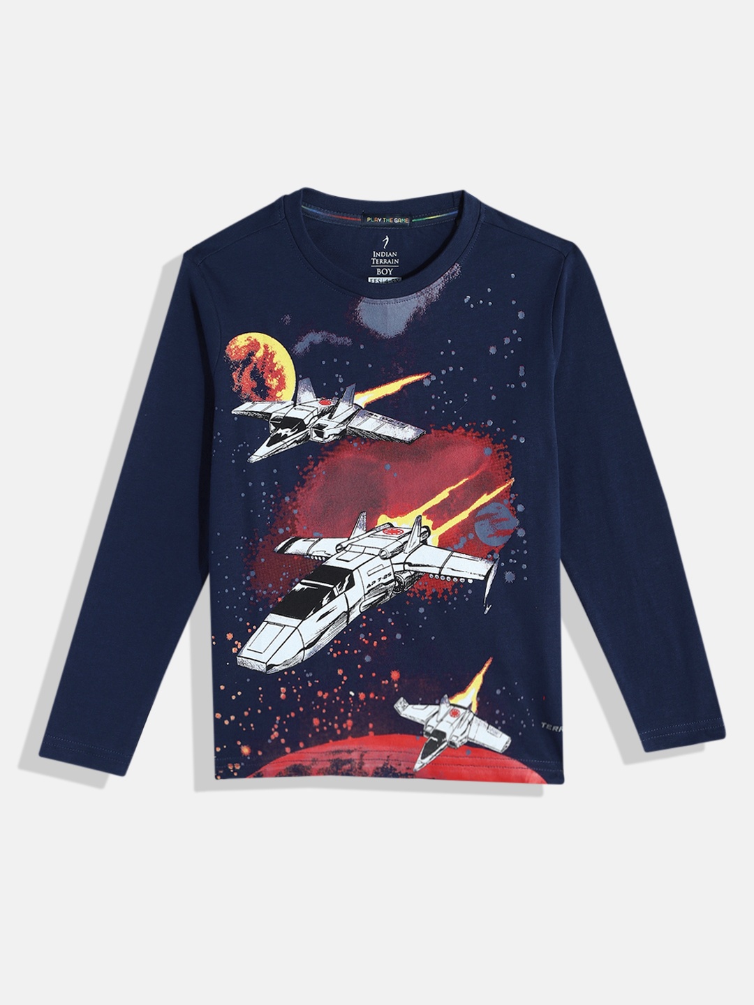 

Indian Terrain Boys Printed Pure Cotton T-shirt, Navy blue