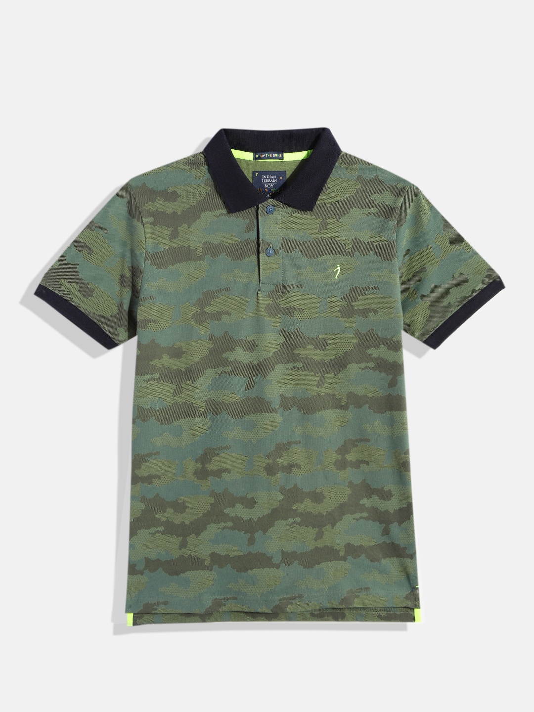 

Indian Terrain Boys Camouflage Printed Polo Collar Pure Cotton T-shirt, Olive
