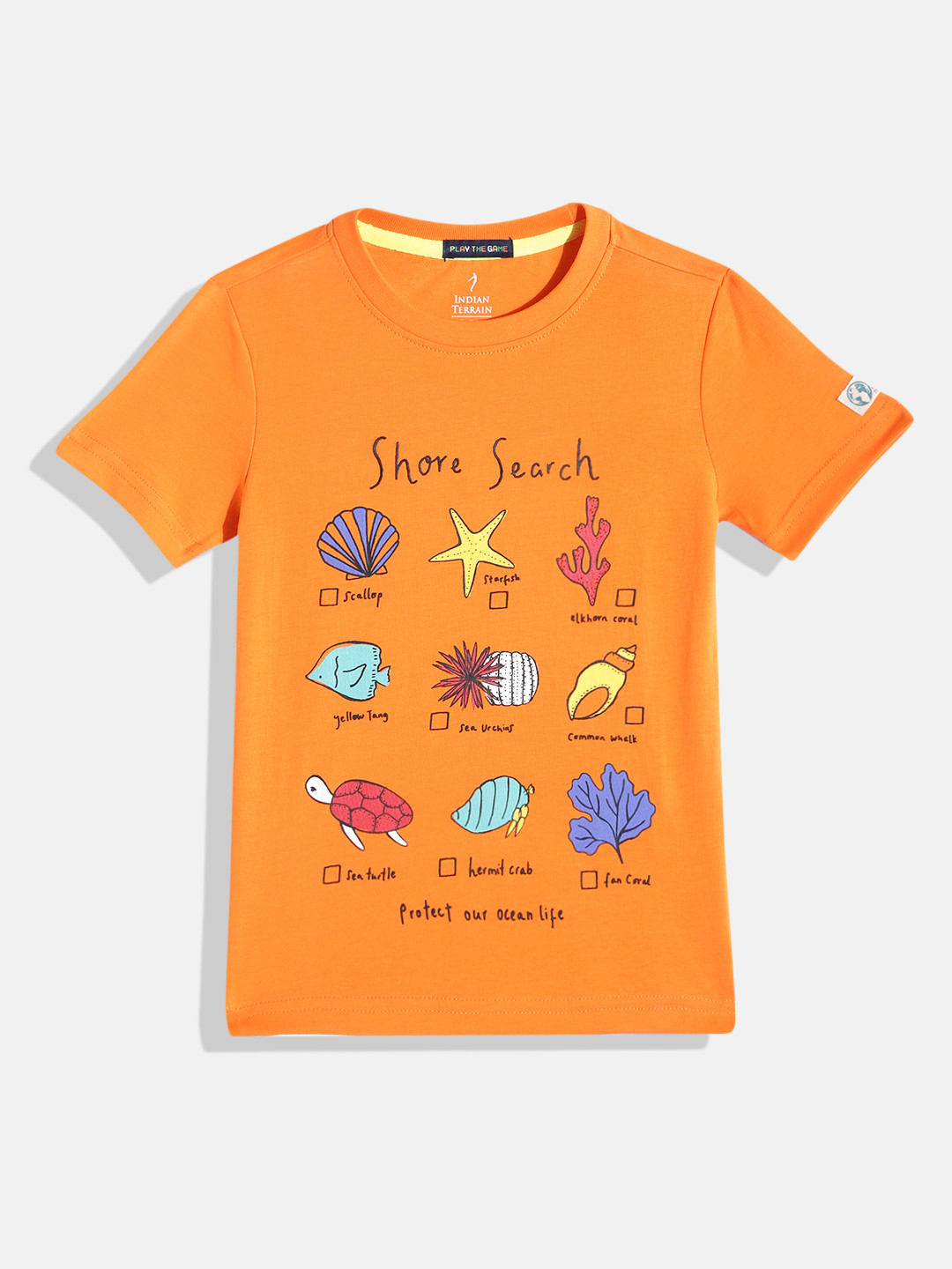 

Indian Terrain Boys Pure Cotton Conversational Printed T-shirt, Orange