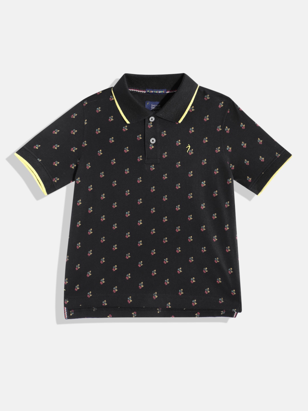 

Indian Terrain Boys Geometric Printed Polo Collar Pure Cotton T-shirt, Black