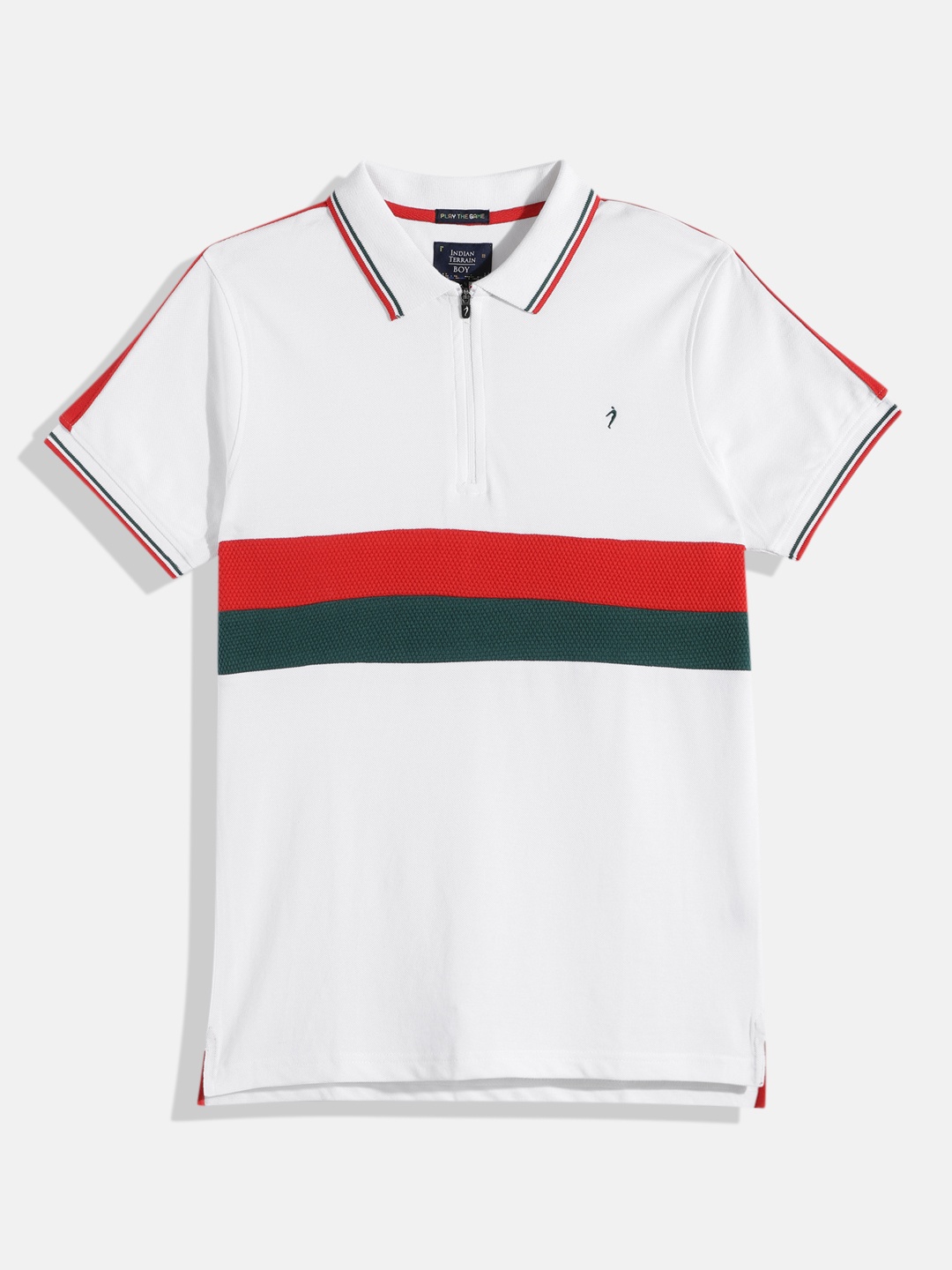 

Indian Terrain Boys Striped Polo Collar Pure Cotton T-shirt, White