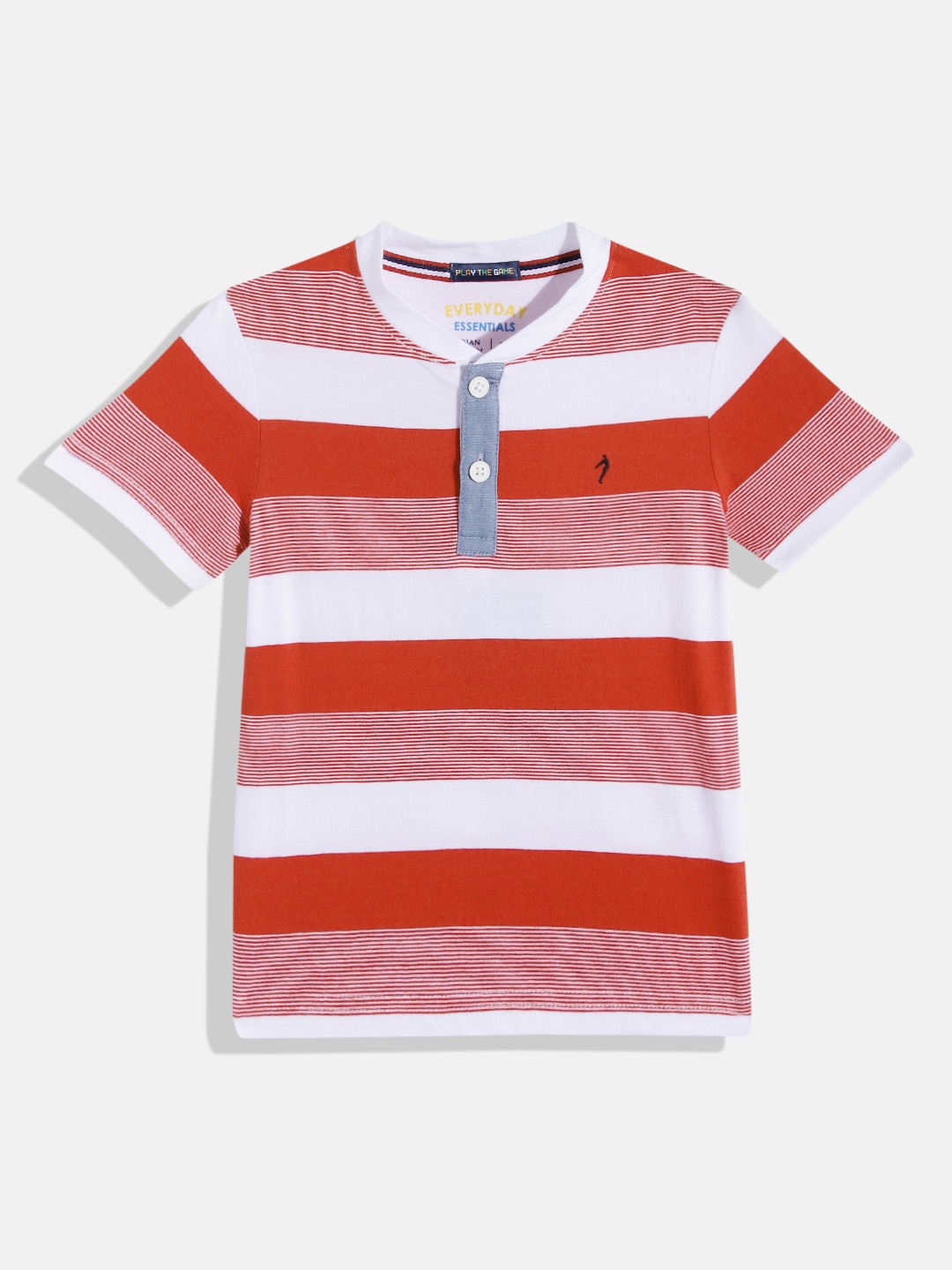 

Indian Terrain Boys Pure Cotton Striped Henley Neck T-shirt, Red