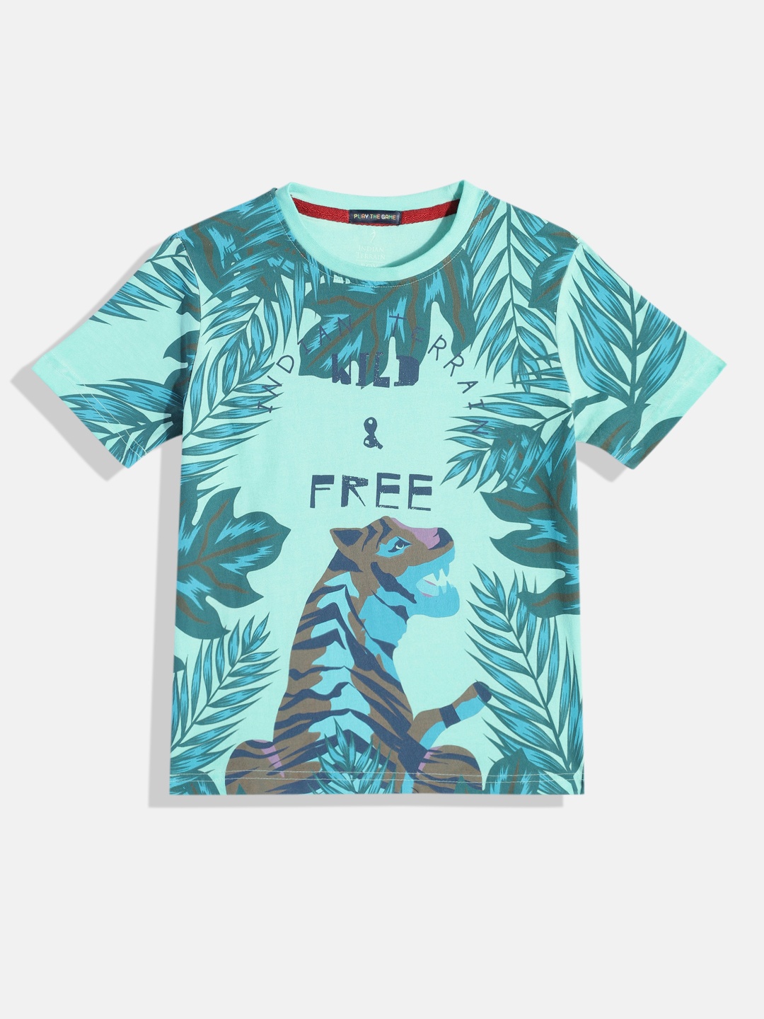 

Indian Terrain Boys Tropical Print Pure Cotton T-shirt, Turquoise blue