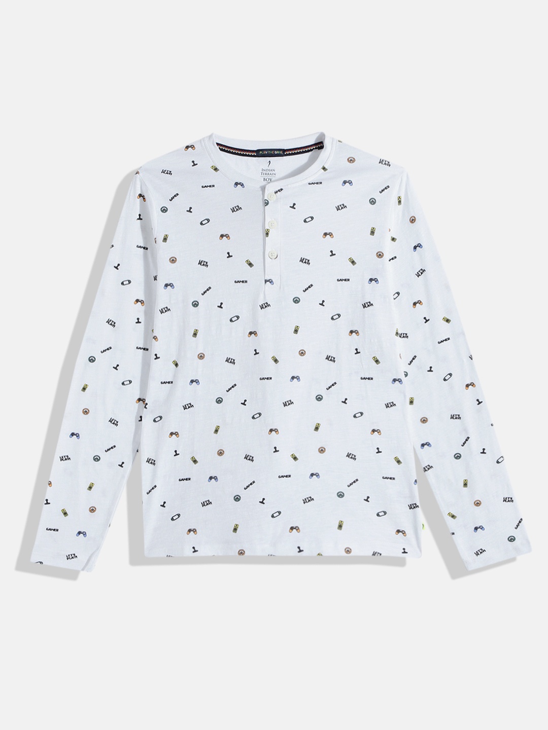 

Indian Terrain Boys Printed Henley Neck Pure Cotton T-shirt, White