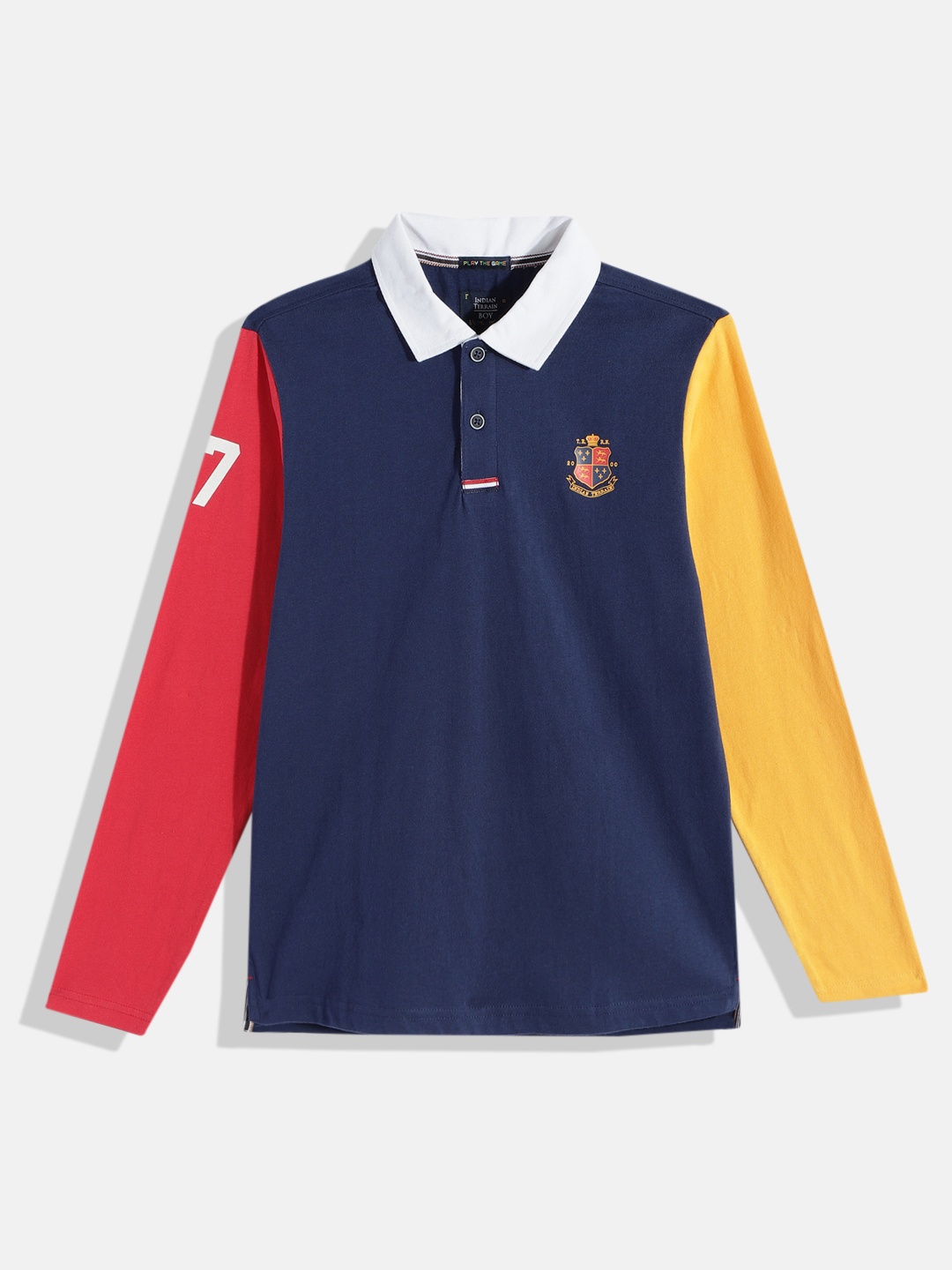 

Indian Terrain Boys Colourblocked Polo Collar Pure Cotton T-shirt, Navy blue