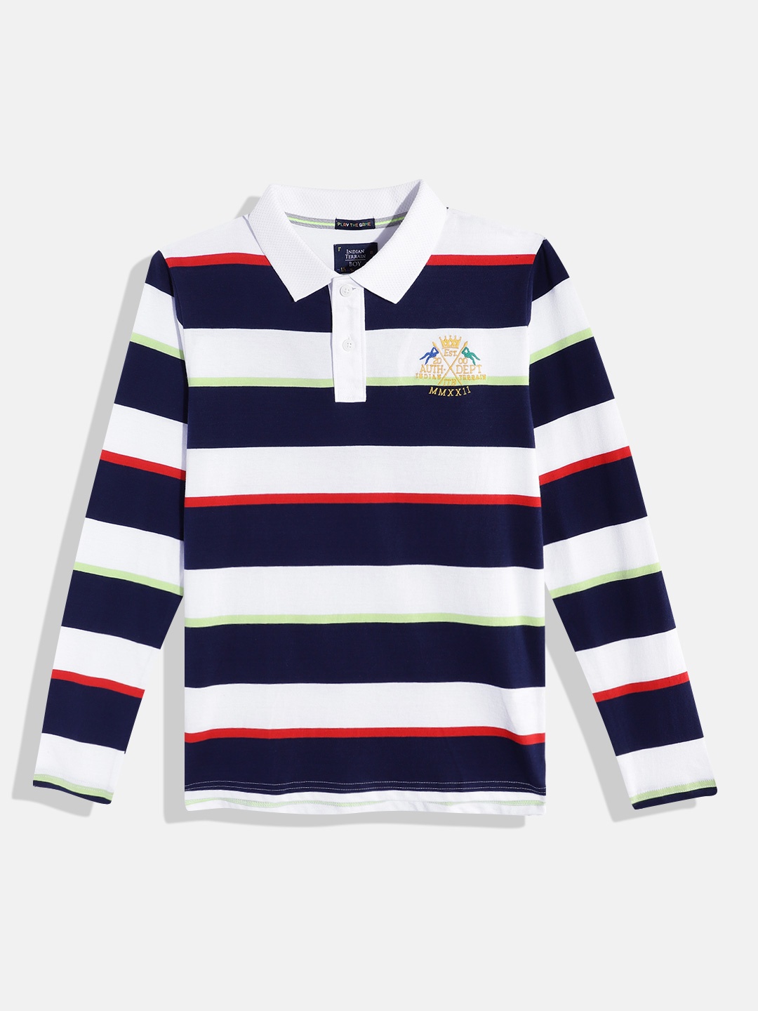 

Indian Terrain Boys Striped Polo Collar Pure Cotton T-shirt, White