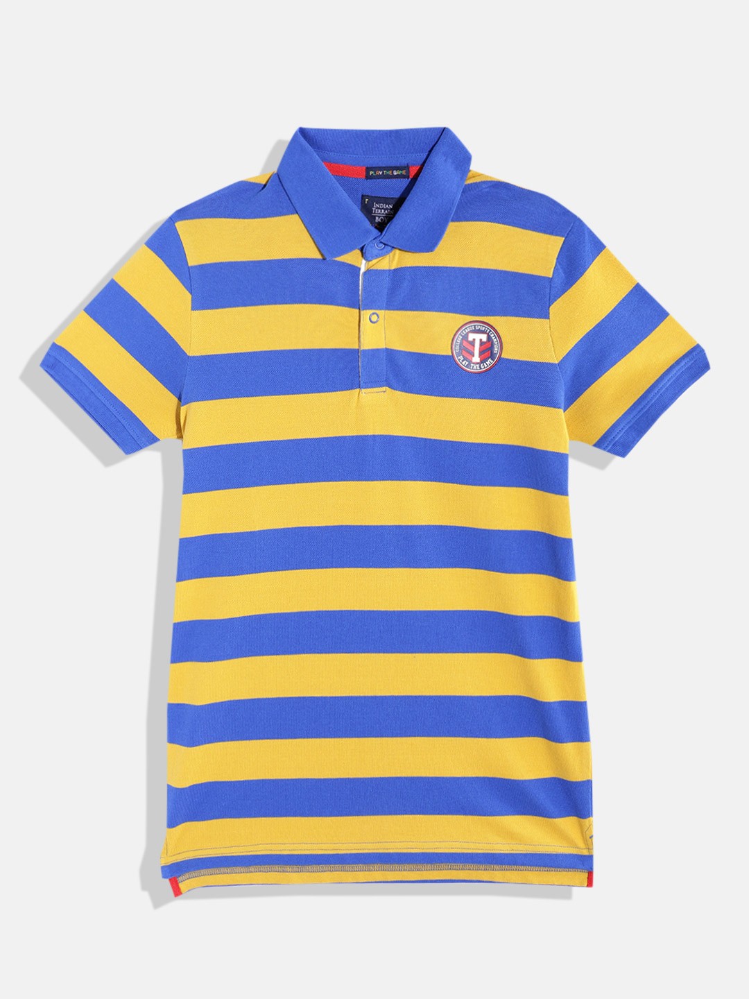 

Indian Terrain Boys Striped Pure Cotton T-shirt with Applique Detail, Blue