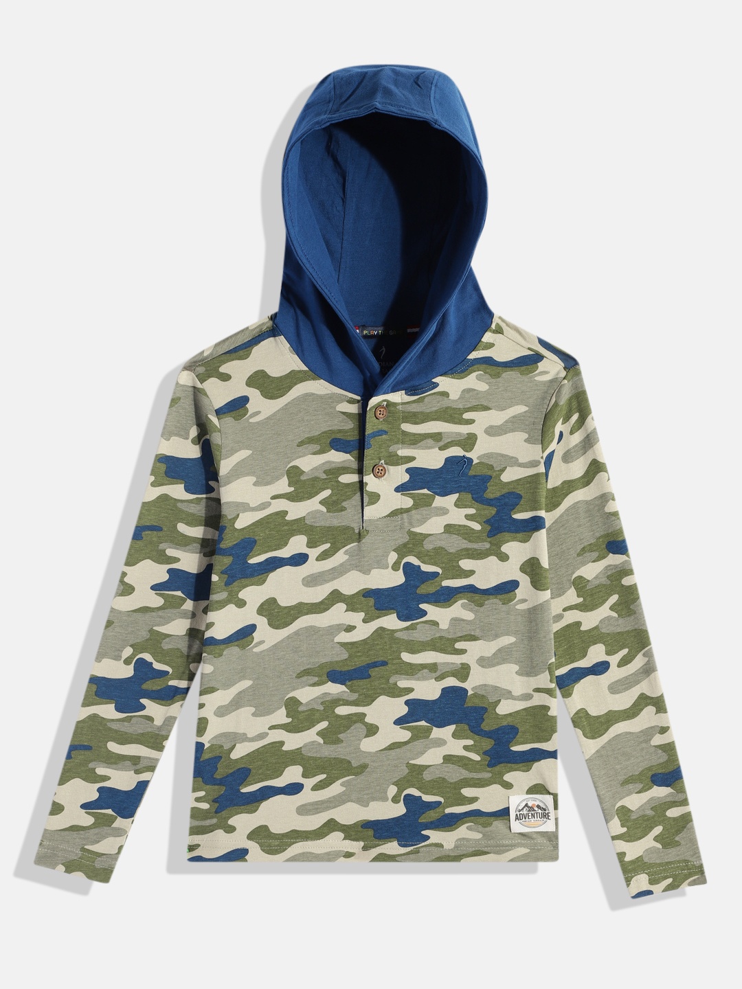 

Indian Terrain Boys Camouflaged Pure Cotton Hooded T-shirt, Olive