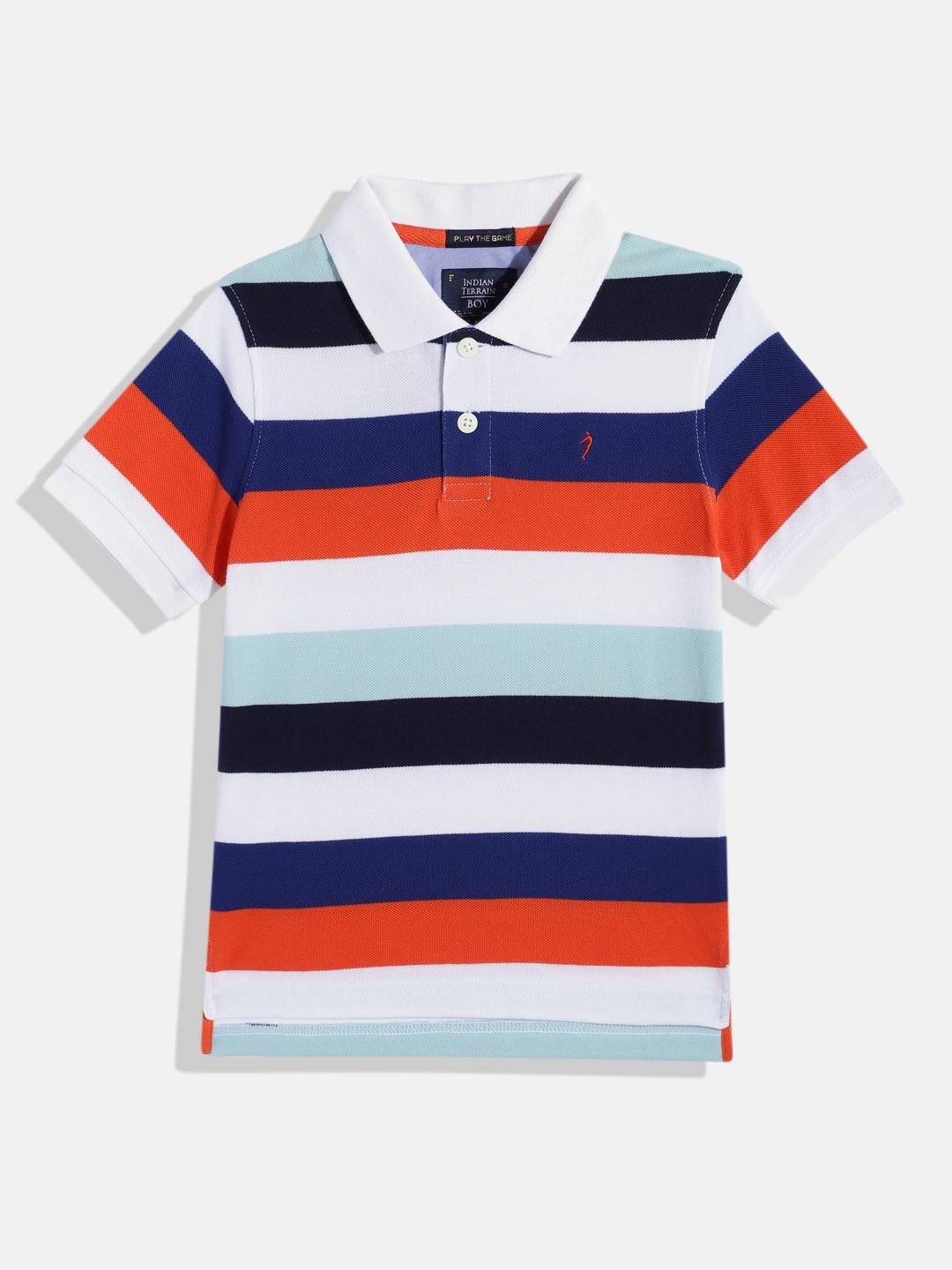 

Indian Terrain Boys Striped Polo Collar Pure Cotton T-shirt, White