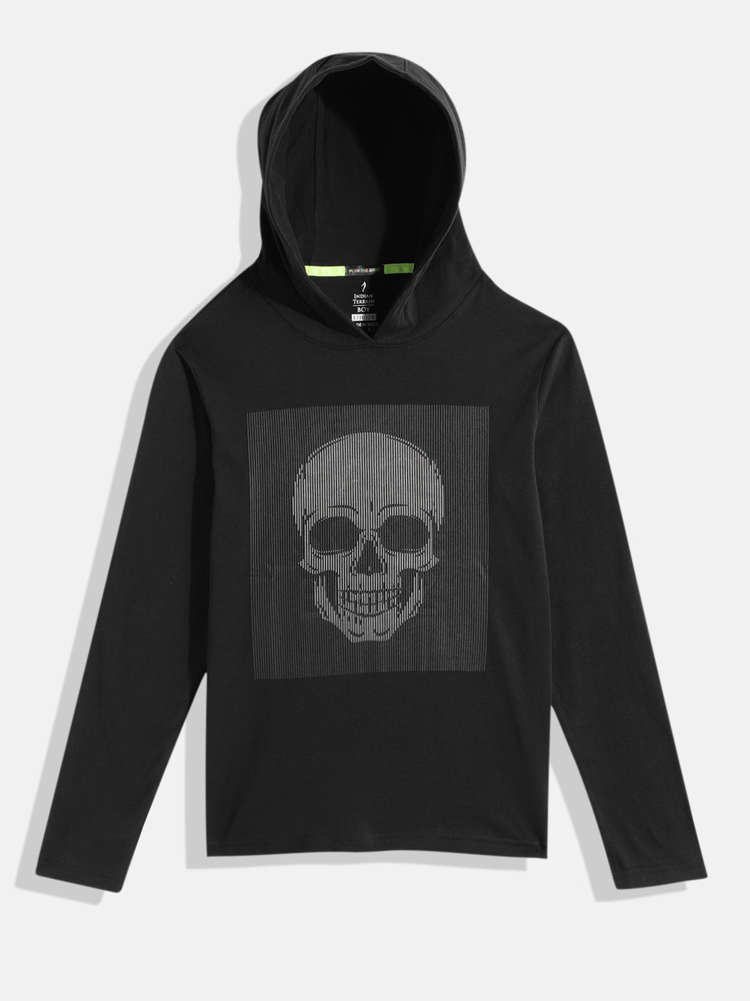 

Indian Terrain Boys Graphic Printed Hooded Pure Cotton T-shirt, Black