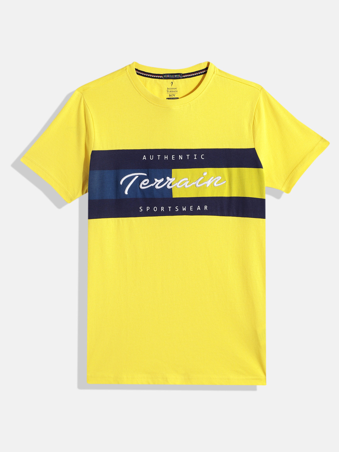 

Indian Terrain Boys Brand Logo Embroidery Pure Cotton T-shirt, Yellow