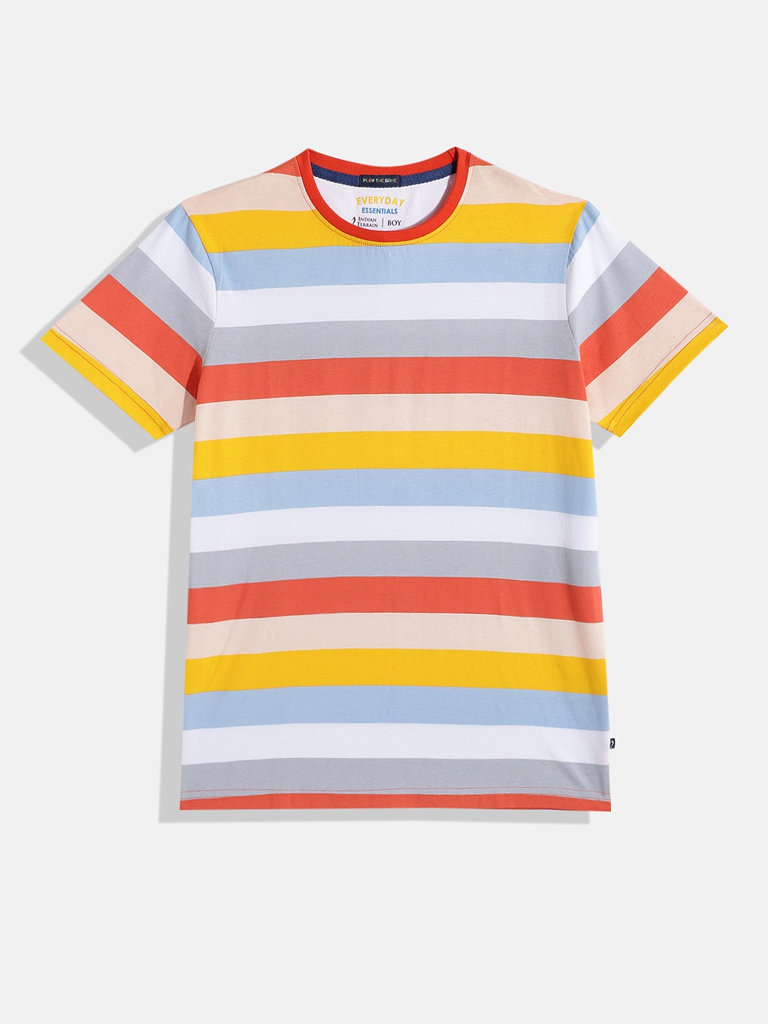 

Indian Terrain Boys Multi Or Variegated Stripes Knitted Pure Cotton T-shirt, Orange