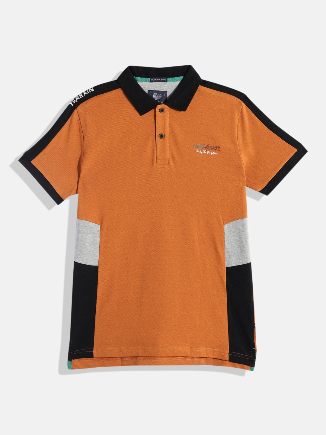

Indian Terrain Boys Colourblocked Polo Collar T-shirt, Orange