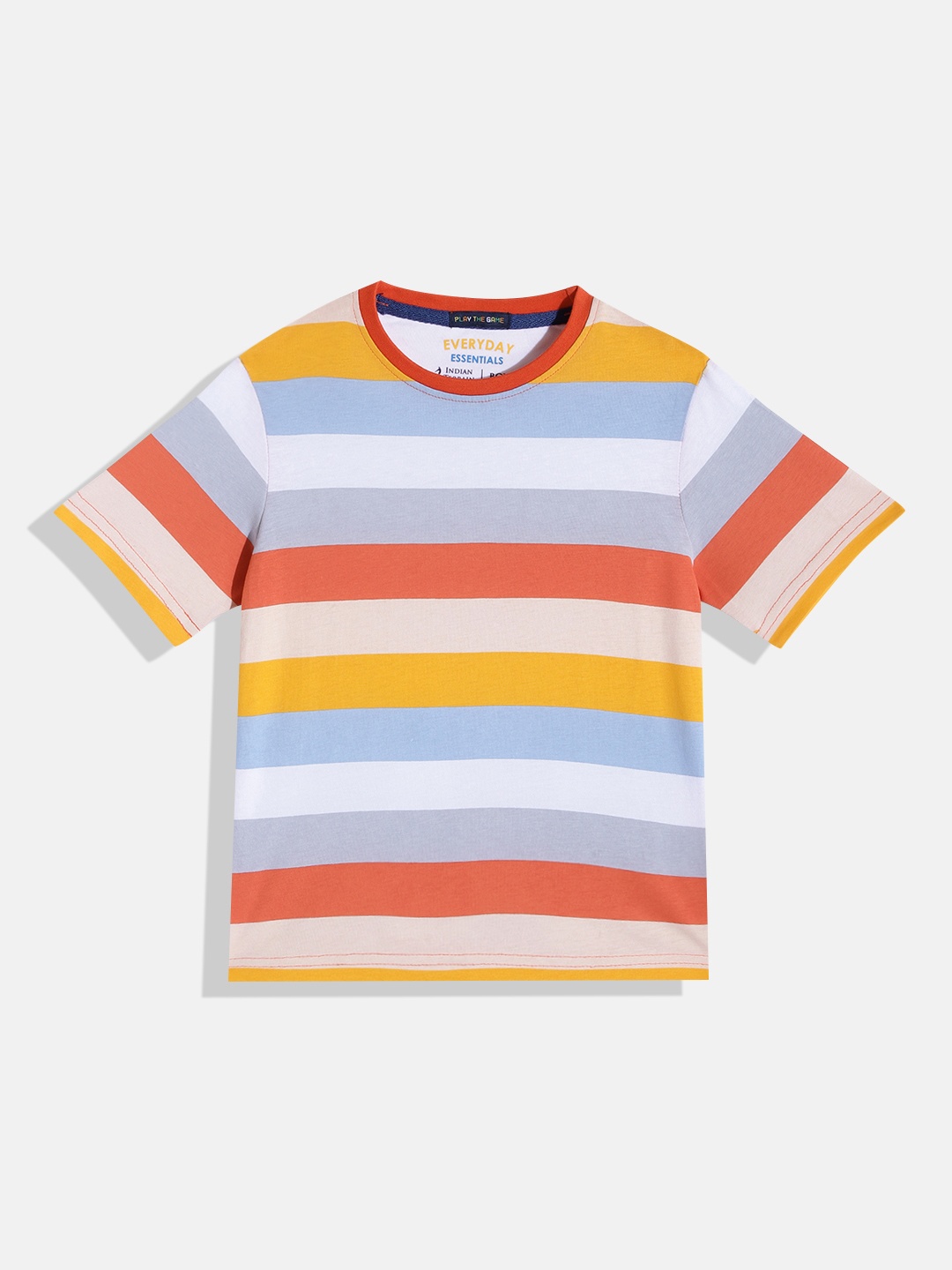 

Indian Terrain Boys Pure Cotton Striped Round Neck T-shirt, Orange