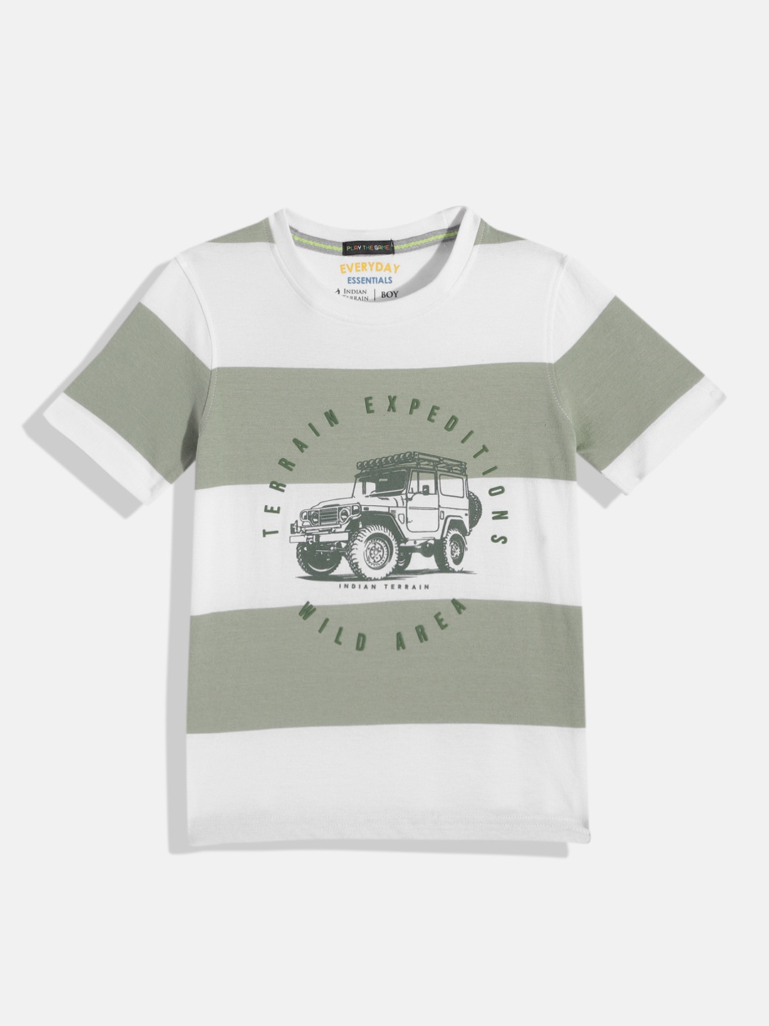 

Indian Terrain Boys Striped Pure Cotton T-shirt, Green